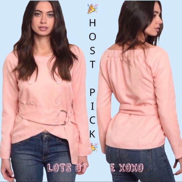 Tops - ❌DONATED❌Peach Boatneck Belted Button Up Lined Long Sleeve Top